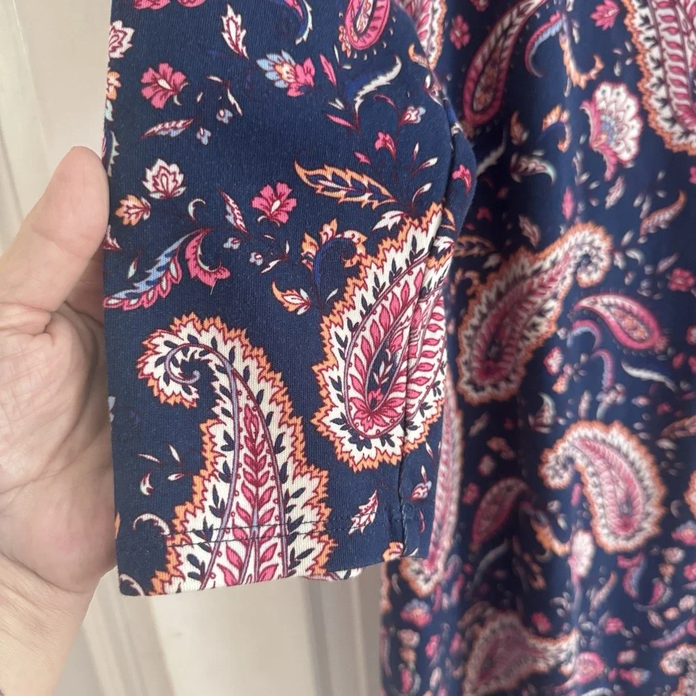 Talbots Dress Women's Sz‎ M Blue Pink Paisley Split Neck 3/4 Sleeve Lounge